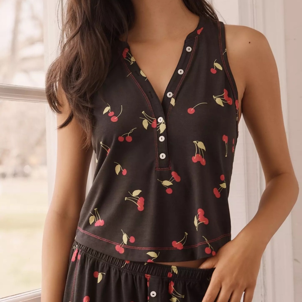 Anthropologie The Briar Sleeveless Henley Pajama Shirt Top Cheery Print NWT